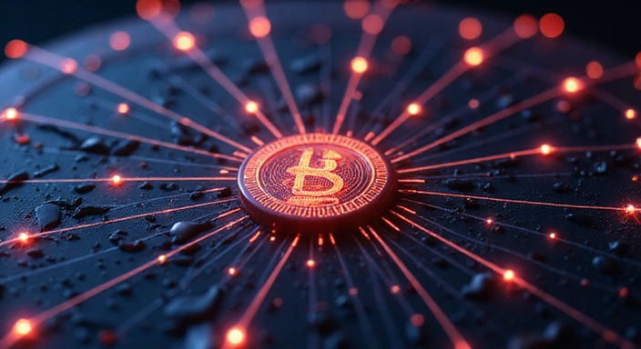 A stylized abstract representation of digital assets and secure transactions, with glowing lines and interconnected nodes.