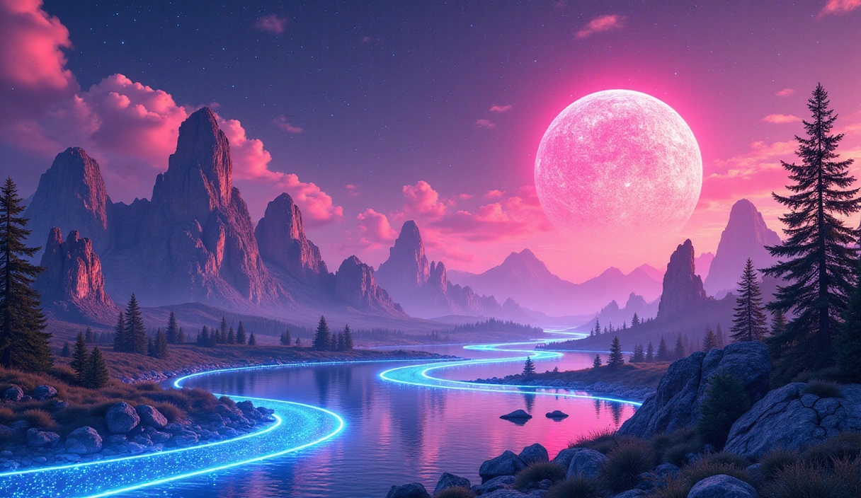 A vibrant, futuristic landscape with digital glowing elements, symbolizing innovation in gaming skins.