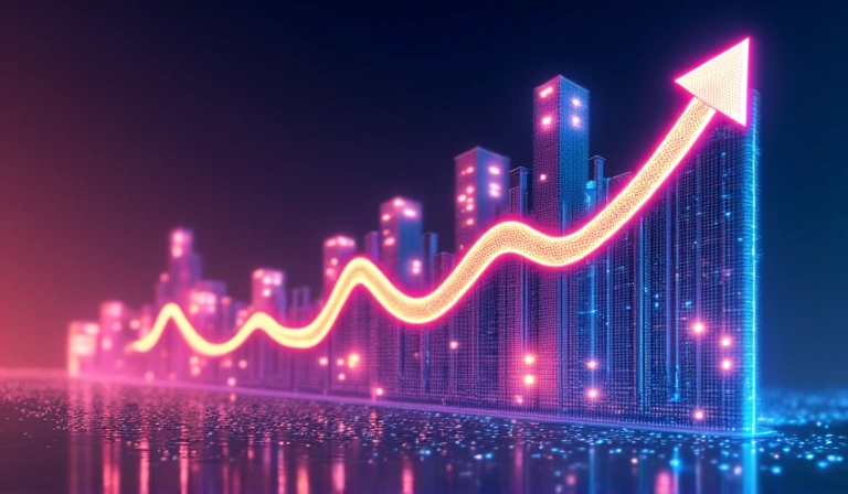 An abstract visualization of market trends in gaming skins, with upward graphs and digital currency symbols.