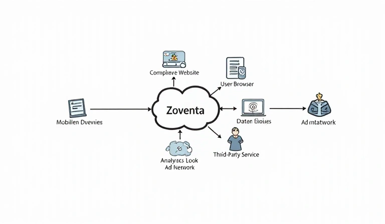 Diagram showing data flow between Zoventa website and third-party services via cookies