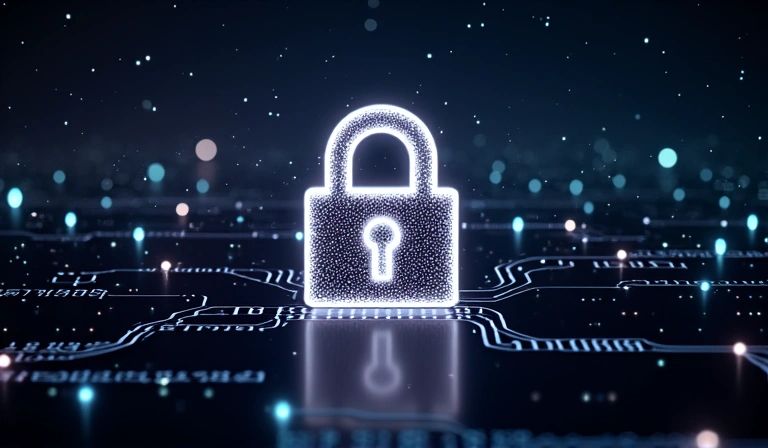 Cybersecurity lock icon over abstract digital background